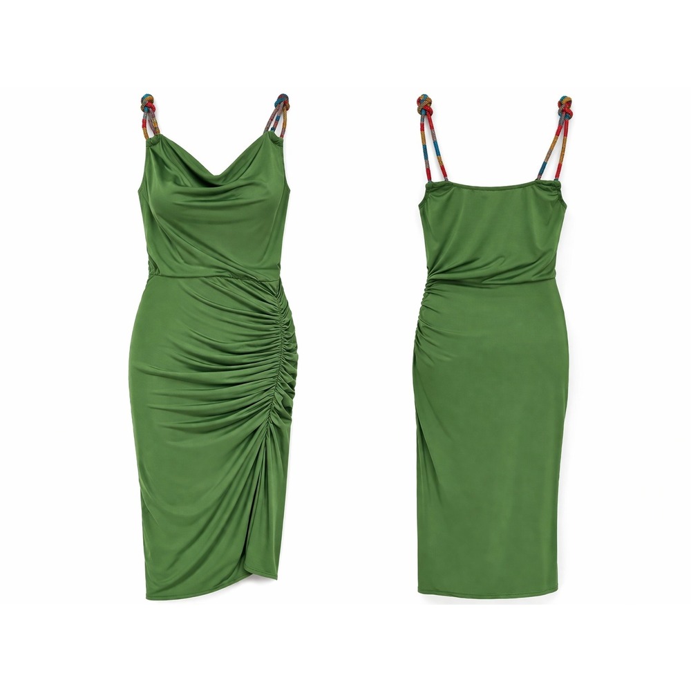 Veronica Beard Biava Midi Dress 2 Forest Army Green Ruched Cowl Neck Bead Strap